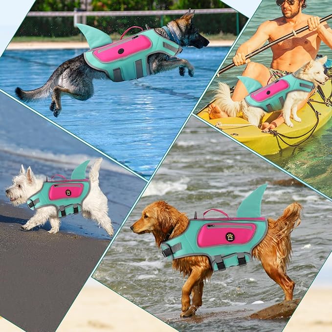 Dog Life Vests for Boating and Swimming, Dog Life Jacket with Shark Fin, Rescue Handle Pet Preserver for Medium Dogs, Neoprene Good Buoyancy Dogs Floating Safety Vest (Turquoise, Medium)