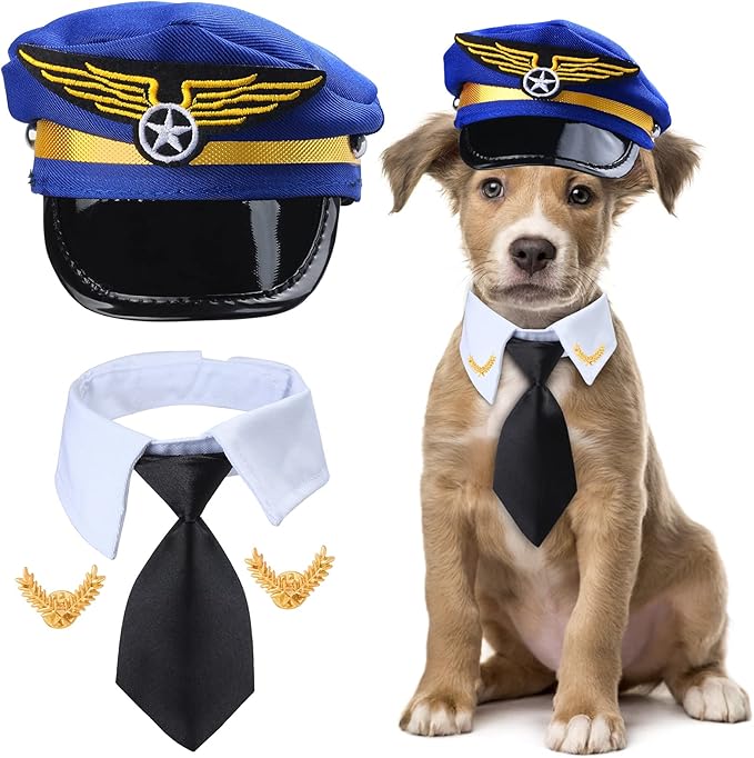 Yewong 3-Piece Pet Captain Costume Accessory Set - Dog & Cat Pilot Hat, Formal Necktie & Collar - Fancy Dress & Halloween Party (Set-B)