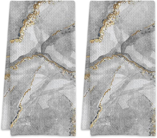 White Marble with Gold Veins Hand Towels,Set of 2 Absorbent Bath Towel Kitchen Dish Towel Home Gym Hotel Bathroom Decor,16x24 Inches