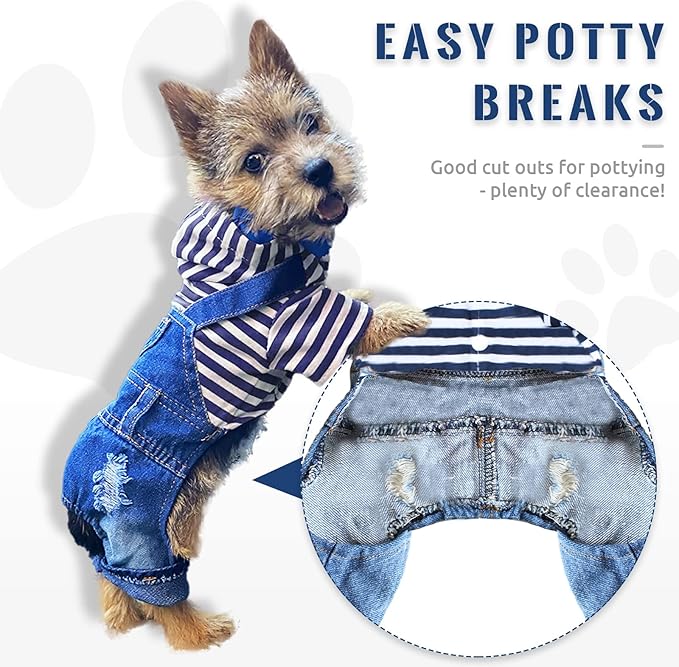 Small Dog Hoodie Clothes Cute Stripe Shirts Denim Jumpsuit One-Piece Outfit for Small Medium Dogs Cats Boy Girl Chihuahua Blue Jeans Overalls Puppy Costume (Blue,L)