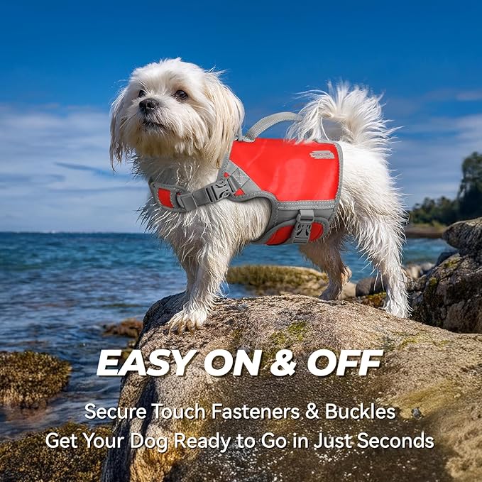 VIVAGLORY Neoprene Dog Life Vest, Dog Life Jacket for Swimming & Boating, Lightweight & Buoyancy for Puppy Doggy, Swimming Vest with Handle, XS, Red Pomegranate