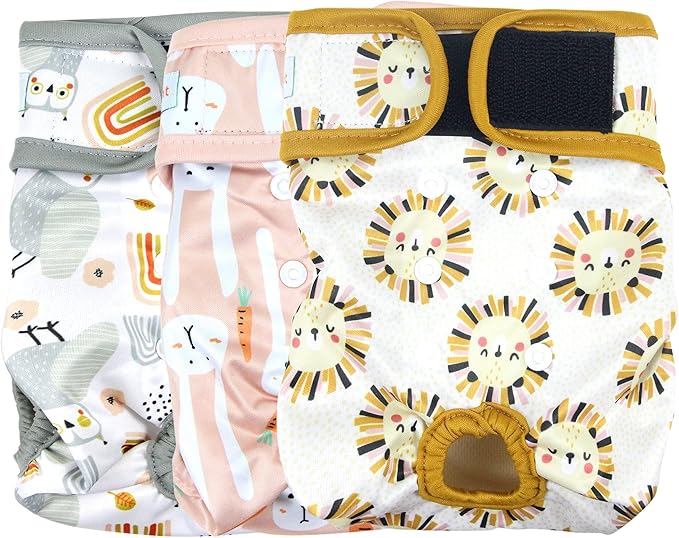 Langsprit Washable Female Dog Diapers (3 Pack) - No Leak Reusable Diapers for Doggy Female in Period - Highly Absorbent Dog Heat Panties with Adjustable Snaps (Rabbit, Owl, Lion, XX-Large)