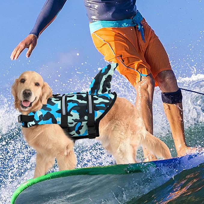 Dogcheer Dog Life Jacket Shark, Ripstop Dog Life Vest for Swimming Boating with Reflective Stripes & Rescue Handle, High Buoyancy Pet PFD Swim Vest for Small Medium Large Dogs - Camo Blue, L