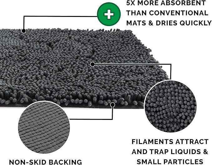 Furhaven 36" x 26" Highly Absorbent Dog Door Mat for Muddy Paws, 100% Washable, Perfect for Entryway, Kitchen, & Bathroom Use - Chenille Shammy Rug - Charcoal (Gray), Large