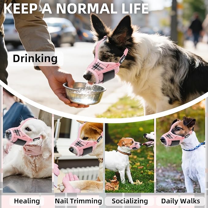 PUPTECK Dog Muzzle, Soft Adjustable Loop Reflective Pets Muzzle Prevent Biting Barking Chewing, Breathable Muzzle with Air Mesh Dog Mouth Guard Drinkable for Large Medium Small Sized, Pink Plaid L
