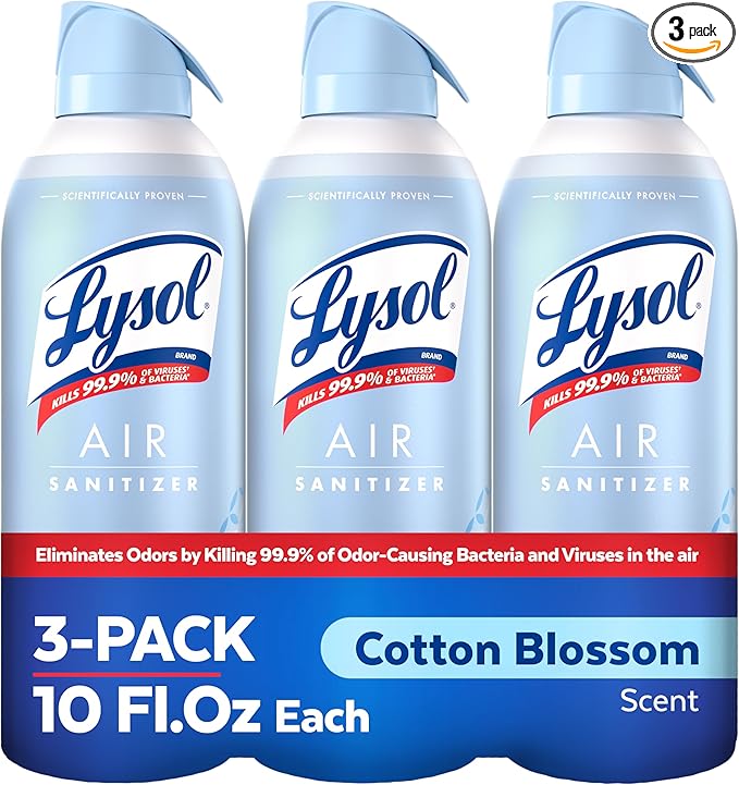 Lysol Air Sanitizer Spray with Bacterial Odor Eliminator for Home & Office, Sanitizing Air Spray, Air Freshener Alternative, Cotton Blossom Scent, 10 oz (Pack of 3)