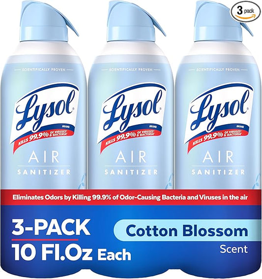 Lysol Air Sanitizer Spray with Bacterial Odor Eliminator for Home & Office, Sanitizing Air Spray, Air Freshener Alternative, Cotton Blossom Scent, 10 oz (Pack of 3)