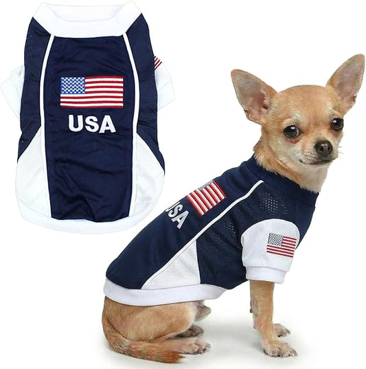 Parisian USA Dog Jersey - Breathable Mesh Puppy Football Jersey - Lightweight Stretch Sporty Dog Clothes - Summer Shirts for Small Dogs - Soccer Jersey for Dogs - Sportswear Pet Clothes
