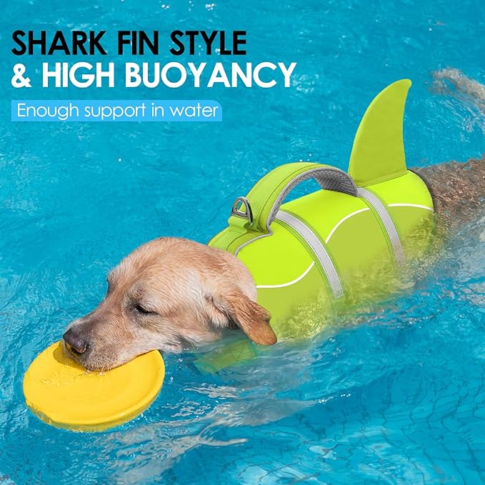 AOFITEE Dog Life Jacket, Dog Life Vest for Swimming, Shark Dogs Swimming Vest with Rescue Handle and Reflective Stripe, Ripstop Pet Float Coat Swimsuit Lifesaver Small Medium Large Dogs Green M