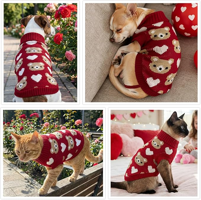 Vehomy Puppy Valentine's Sweater Dog Cat Love Heart Sweater Sweet Heart Kitten Knitwear Clothes Cute Small Pet Valentines Outfit Costume for Cats Small Dogs L