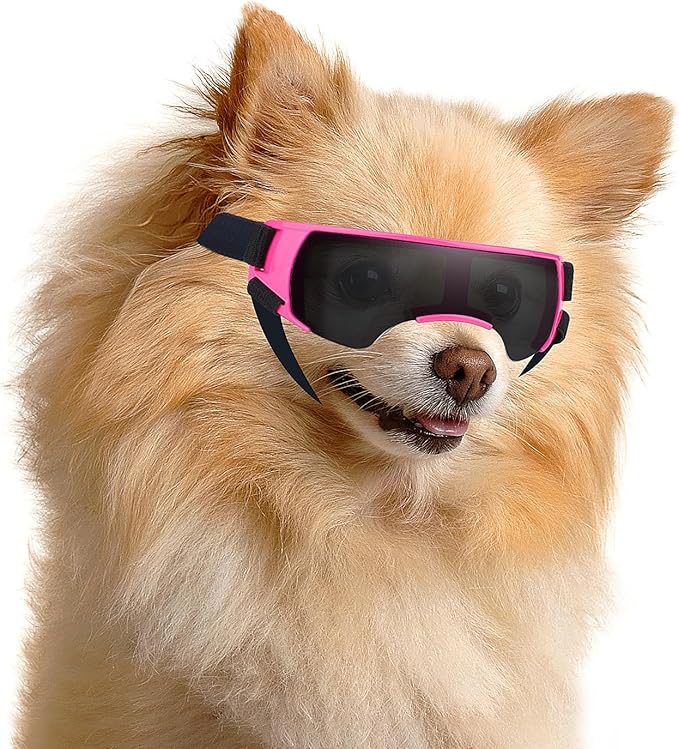 ENJOYING Dog Sunglasses Small Breed, Anti-UV Puppy Goggles for Small Dogs, Windproof Outdoor Dog Eye Protection for Driving Biking, Adjustable Head Straps, Cute Pink