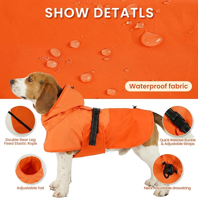 BRKURLEG Dog Raincoat for Small Medium and Large Dogs Waterproof Dog Rain Jacket Adjustable Hooded Dogs Raincoat Pet Rain Coat Poncho with Leash Hole, Reflective Strip, Orange, XXXL