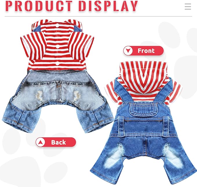 Small Dog Hoodie Clothes Cute Stripe Shirts Denim Jumpsuit One-Piece Outfit for Small Medium Dogs Cats Boy Girl Chihuahua Blue Jeans Overalls Puppy Costume (Red,M)