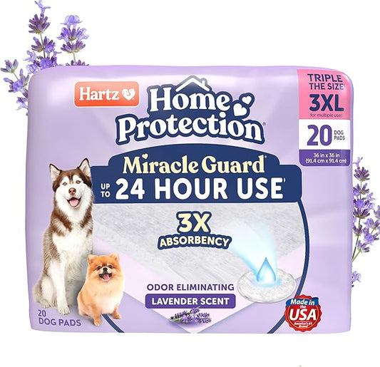 Hartz Miracle Guard Dog and Puppy Dog Pads Max Absorbency 24 Hour Use Odor Eliminating Lavender Scented No Leaks, 3XL Size 20 Count