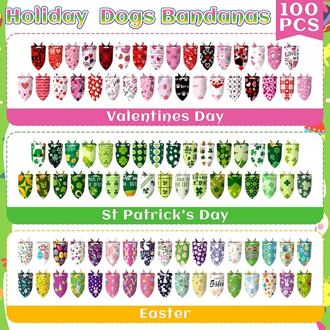 100 Pcs Easter Seasonal Dog Bandanas Easter Valentines Day St. Patrick's Day Theme Pet Bandanas Bulk Holiday Triangle Pet Bibs Scarf for Medium Large Dog Spring Festival Costume Decor
