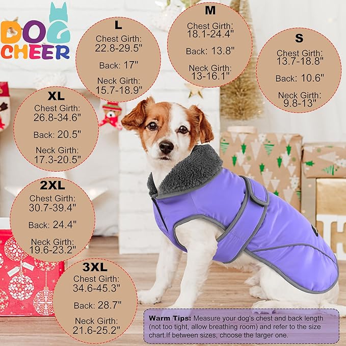Dogcheer Dog Coat, Waterproof Dog Jacket Reflective Pet Winter Coat with Adjustable Hook & Loop, Christmas Puppy Fleece Jacket Warm Turtleneck Snowsuit for Small Medium Large Dogs - Taro Purple, XL