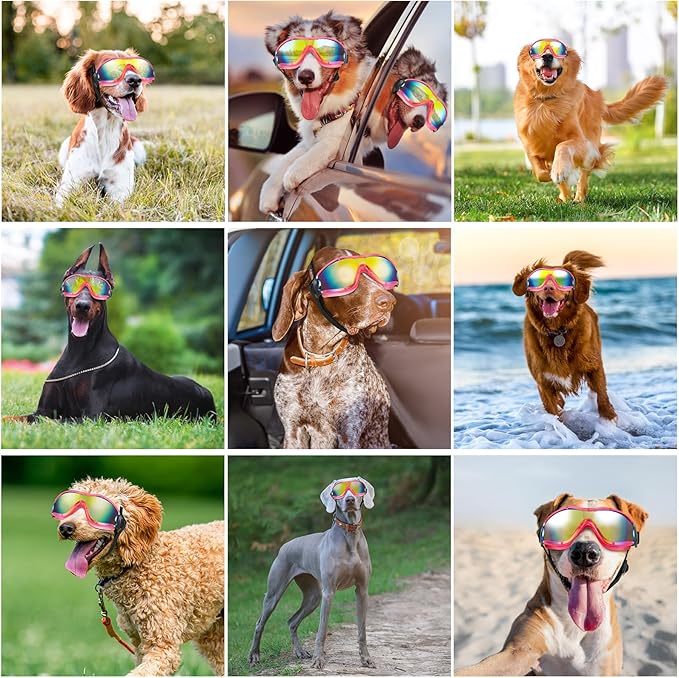 Lewondr Dog Goggles Medium to Large Breed, Dog Sunglasses with Adjustable Straps, UV/Wind/Dust/Fog/Snow Proof Dog Eye Protection Sunglasses for Outdoor Driving Riding, Pink