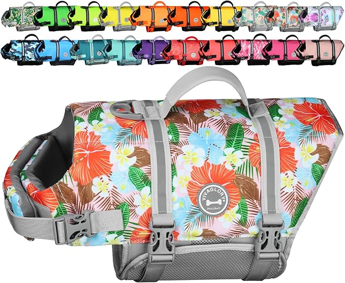 VIVAGLORY Rip Stop Dog Life Vest, Swimming Vest with Handle, Buoyancy for Doggy Puppy, Dog Life Jacket for Swimming & Boating, XS, Floral Orange