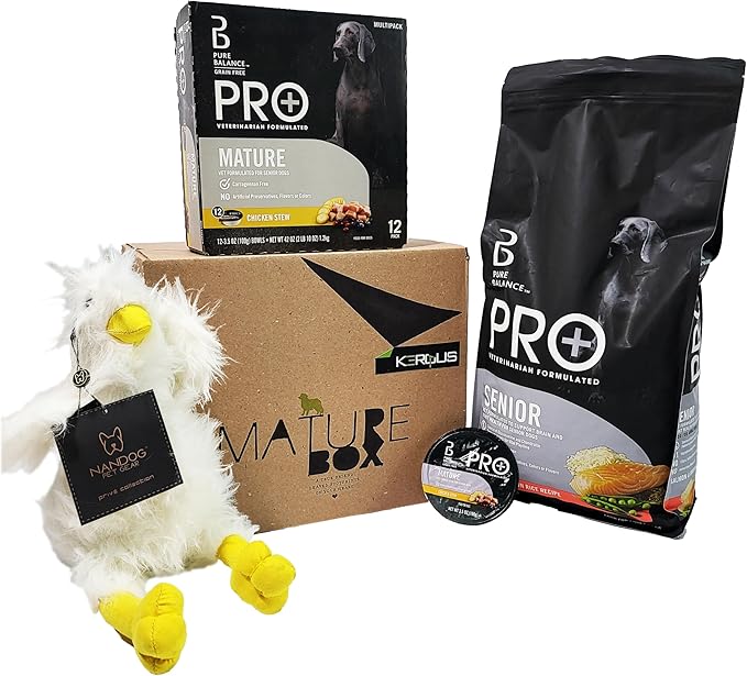 Mature Kit, Pure Balance Pro+ Mature Salmon & Brown Rice Recipe Dry Dog Food for Senior Dog, 8 lbs,Mature Wet Dog Food Variety Pack, 3.5 oz Bowls (12 Pack),Nandog Plush Toy