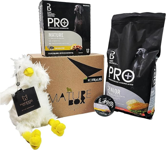 Mature Kit, Pure Balance Pro+ Mature Salmon & Brown Rice Recipe Dry Dog Food for Senior Dog, 8 lbs,Mature Wet Dog Food Variety Pack, 3.5 oz Bowls (12 Pack),Nandog Plush Toy