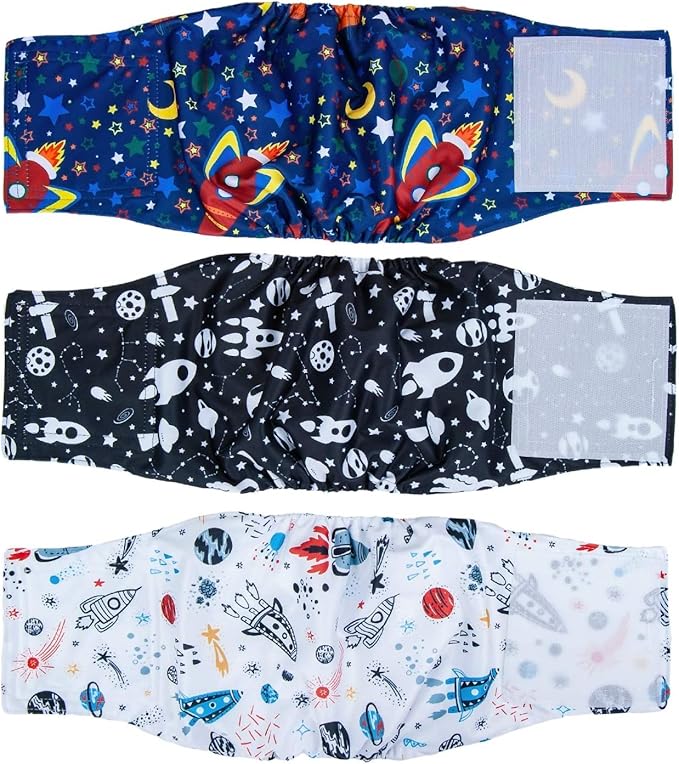 Pet Soft Dog Belly Band - 3 Packs Reusable Dog Diapers Male Doggy Diapers Wraps - Washable Dogs Belly Bands for Male Dogs (Space, XS)