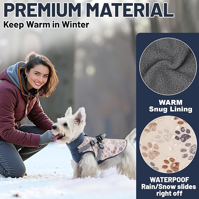 Dog Winter Coat for Small & Medium Dogs, Waterproof Dog Coat with Harness, Puppies Windproof Puppy Puffer Jacket, Snowsuit for Dachshund, Frenchie, Corgi (Paw Blue,L)