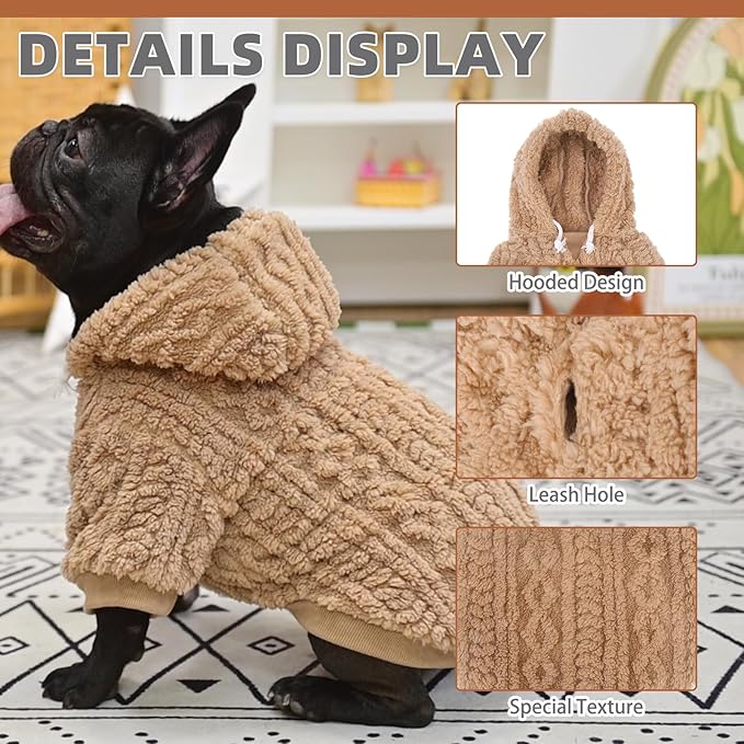 KOOLTAIL Fuzzy Dog Sweater Hoodie for Small Medium Large Dogs, Soft Fleece Pet Clothes Sweatshirt with Leash Hole, Warm Winter Dog Sherpa Jacket Snuggie Cold Weather Coat for Puppy Cats Girl, Beige SM