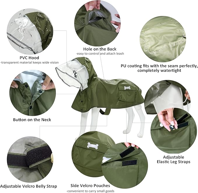 Waterproof Dog Raincoat, Adjustable Reflective Lightweight Pet Rain Clothes with Poncho Hood (Army Green, X-Large)