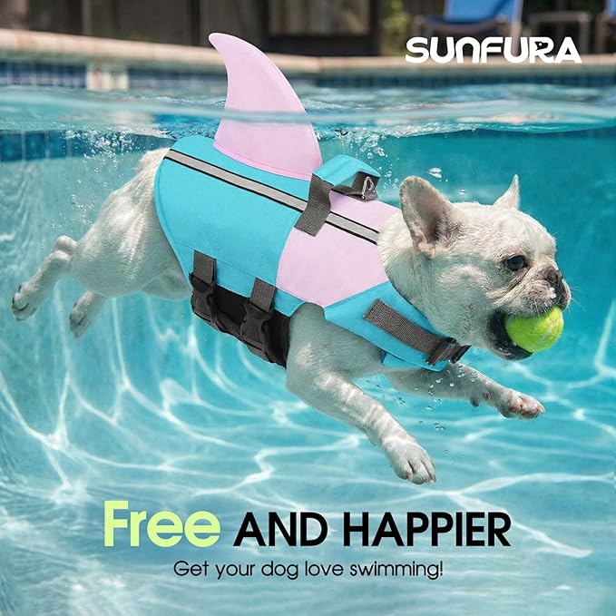 SUNFURA Dog Life Jacket Shark Life Vest for Dogs, Adjustable Swmming Vest with High Buoyancy, Safety Lifesaver with Rescue Handle for French Bulldog Small Medium Breeds, BluePink S
