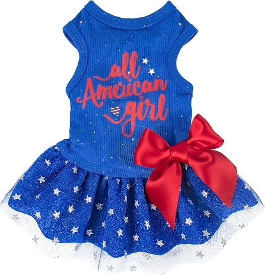 Fitwarm All American Girl Dog Dress, 4th of July Clothes for Small Dogs, Patriotic Tulle Dress, Pet Outfit, Royal Blue, Red, White, Large