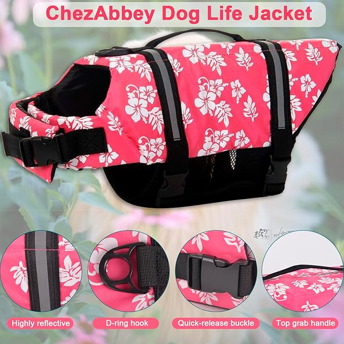 ChezAbbey Dog Life Jacket Adjustable Dog Lifevest Swimsuit Safety Vest Apparel Lifesaver Coat for Small Large Cats Puppy Kitty with Handle Reflective for Swimming and Boating Pink Flower 2XL