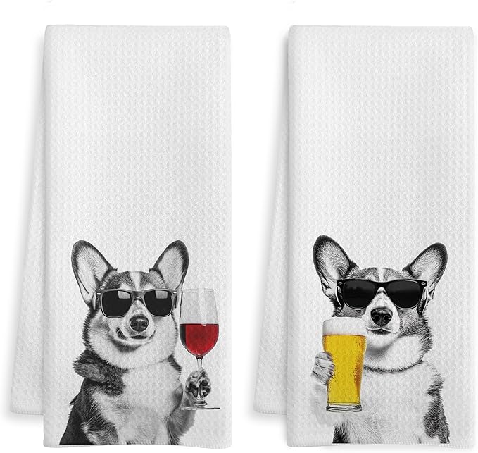 Funny Corgi Kitchen Bar Towels, Corgi Gifts for Corgis Lovers, Wine Beer Lovers Gifts Decorative Hand Towels for Kitchen Bar Cart Decor, 16x24 Inch Set of 2