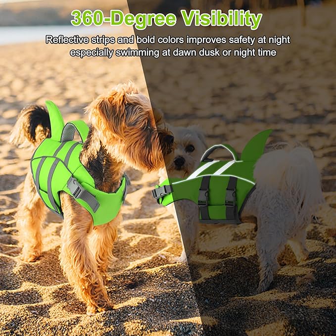 Dogcheer Shark Fin Dog Life Jacket, Adjustable Dog Harness Life Vest for Swimming Boating, Reflective Puppy Swim Vest Pet Flotation Device for Small Medium Large Dogs - Green,L