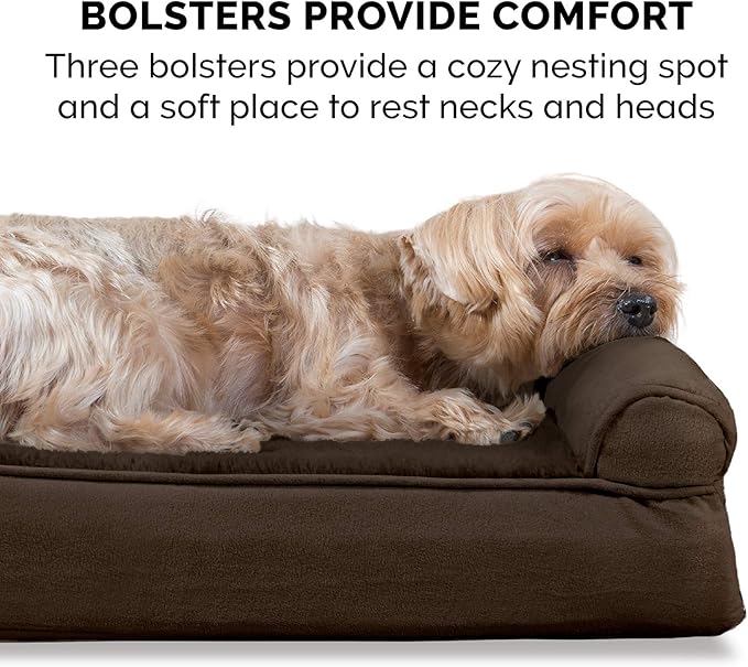 Furhaven Memory Foam Dog Bed for Large Dogs w/ Removable Bolsters & Washable Cover, For Dogs Up to 125 lbs - Plush & Suede Sofa - Espresso, Jumbo Plus/XXL