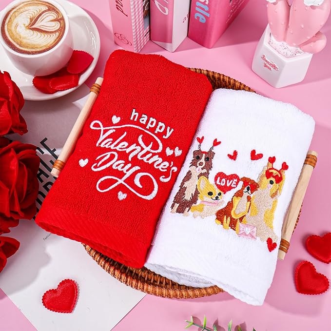 Whaline Valentine's Day Hand Towels Dog Love Heart Embroidered Cotton Bathroom Towel Absorbent Bath Towel for Hand Drying Cleaning Cooking, 29.5 x 13.7 Inch, 2Pcs