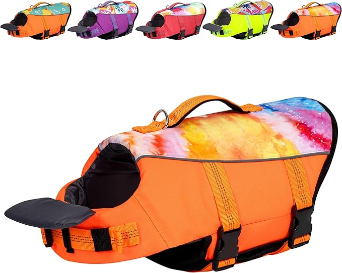 cyeollo Dog Life Jacket Ripstop Dog Life Vest, Pet Safety Vest with Rescue Hadle for Swimming Boating, Reflective Lifejackets with Front Float for Small Medium Large Dogs, Tie Dye Orange M