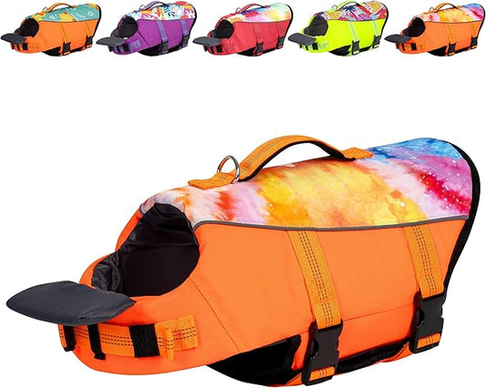 cyeollo Dog Life Jacket Ripstop Dog Life Vest, Pet Safety Vest with Rescue Hadle for Swimming Boating, Reflective Lifejackets with Front Float for Small Medium Large Dogs, Tie Dye Orange M
