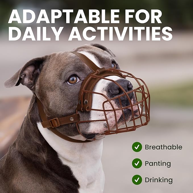 BRONZEDOG Pitbull Dog Muzzle Breathable Metal Basket for Large Dogs Amstaff Staffordshire Terrier Biting Chewing Barking (Nylon, Brown)