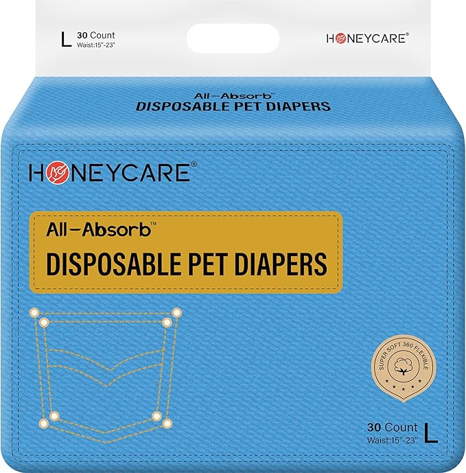 Honeycare Female Dog Diapers, Disposable Diapers for Female Dog with Stretchy Waist, Dog Pull-Ups for Easy wear, Dogs in Heat Period Super Absorbent Leak-Proof Doggie Diapers, Size Large, 30 Count