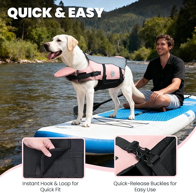 VIVAGLORY Dog Life Jacket with Removable Front Float, Life Vest with Reflective Trims & Extra Padding for Swimming & Boating, Sakura Pink, L