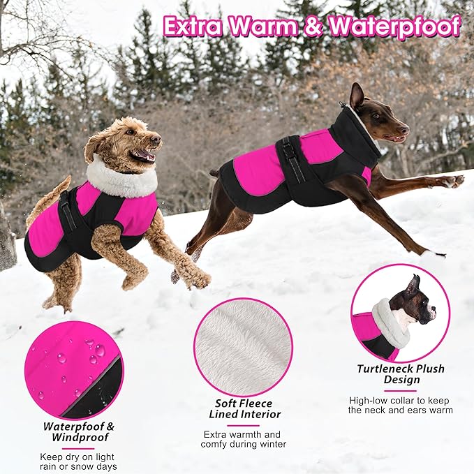 Dogcheer Waterproof Dog Coat, Christmas Dog Winter Jacket, Adjustable Puppy Fleece Coat for Cold Weather, Reflective Turtleneck Snow Jacket for Small Medium Large Dogs - Pink, 2XL