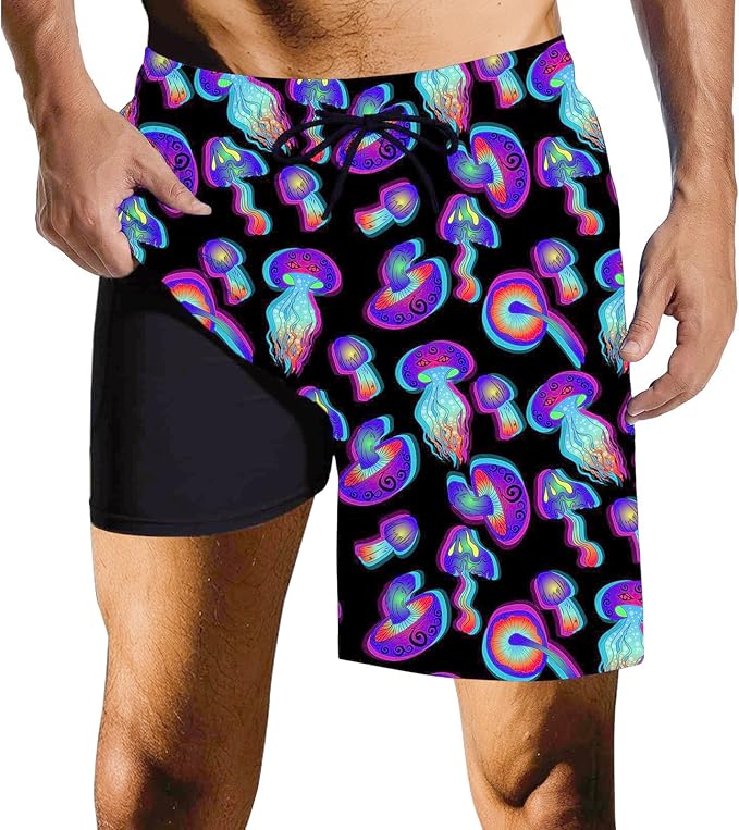 Mens Swim Trunks with Compression Liner Quick Dry Zipper Pocket Bathing