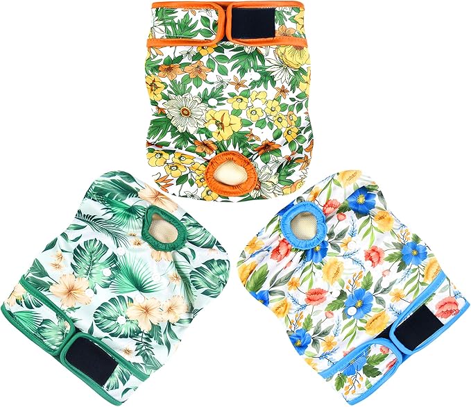 Langsprit Washable Female Dog Diapers (3 Pack) - No Leak Reusable Diapers for Doggy Female in Period - Highly Absorbent Dog Heat Panties with Adjustable Snaps (Floral, X-Large)