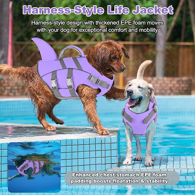 Dogcheer Dog Harness-Style Life Jacket Shark, Reflective Dog Life Vest for Swimming Boating, Puppy Swim Vest, Pet Floating Device for Small Medium Large Dogs - Taro Purple,XL