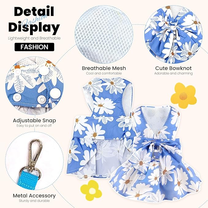 Cute Dog Dress Small Dog Clothes for Girls Female Puppy Outfits Blue Daisy Pet Summer Clothes Bowknot Doggy Cat Princess Dress Harness Set for Holiday Birthday Party Costume Clothing (Blue,XL)