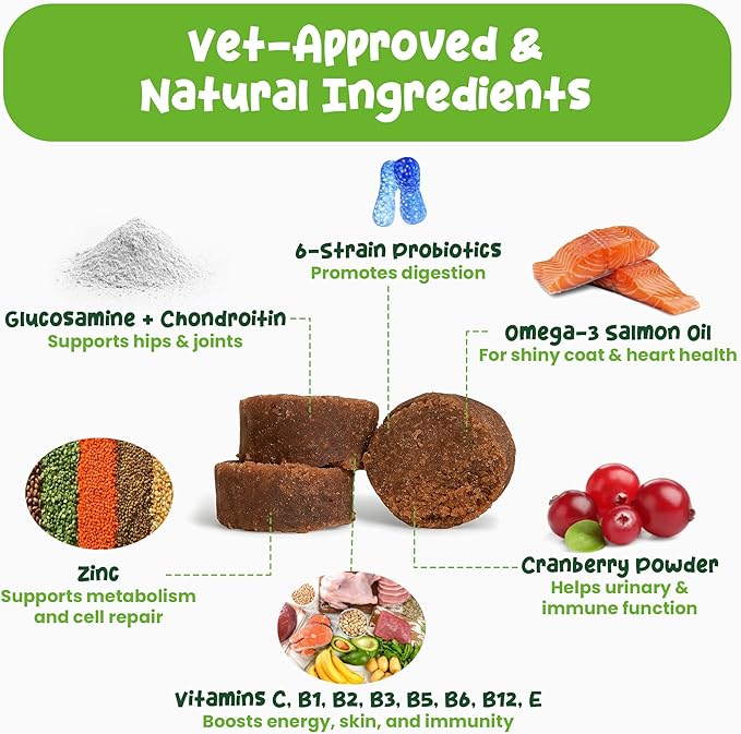 Vibin’ Tails 24-in-1 Dog Multivitamin, Glucosamine Chondroitin Hip & Joint Support, Probiotics & Omega-3, Skin & Coat - Puppy & Senior Chewable Dog Vitamins & Supplements Vet Formulated- 120ct Chicken
