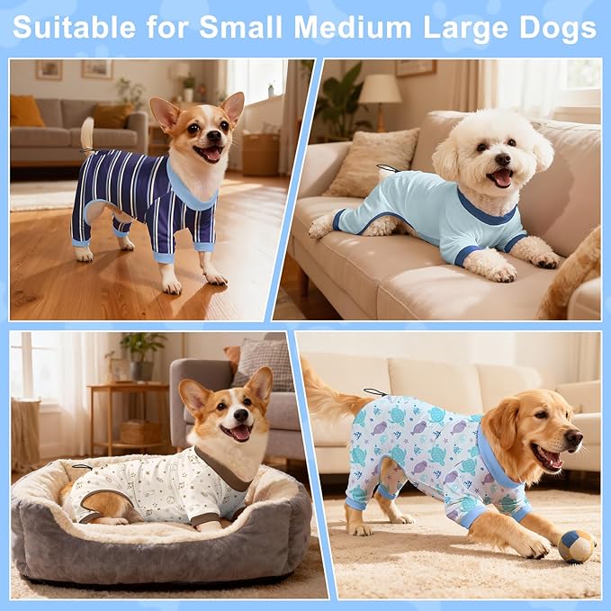 Bienbee Dog Pajamas, 4 Pack Dog Recovery Suit Shedding Suit Cute Soft Puppy Clothes Dogs Pjs Onesies Jammies Adjustable Breathable & Stretchy Clothes for Small Medium Large Dogs Girl Boy Puppy-2XL