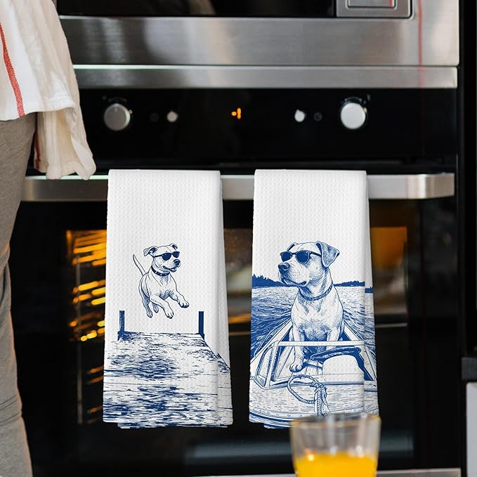 Lake House Decor Pitbull Kitchen Towels Set of 2, Summer Funny Lake Dog Coastal Bathroom Hand Towel, Dog Lover Gifts Tea Towel Dish Towels 16x24 Inch
