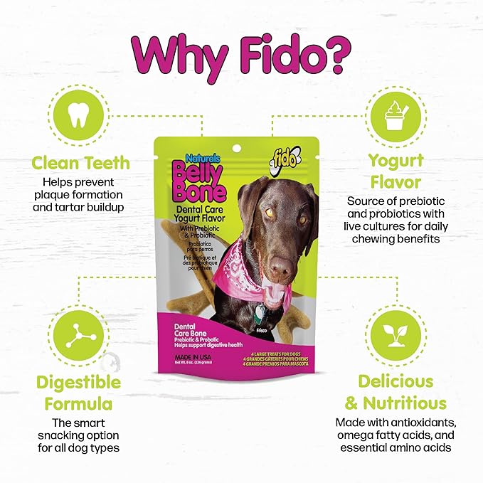Fido - Belly Bones for Dogs, 4 Yogurt Flavor Large Dog Dental Treats (Made in USA) - 4 Count Dog Treats for Large Dogs - Plaque and Tartar Control for Fresh Breath, Digestive Health Support