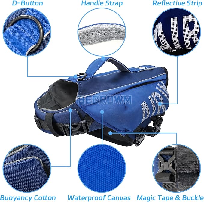 Dog Life Jacket Ripstop Dogs Life Vest for Swimming Boating Dog Safety Vest Adjustable Preserver with High Buoyancy and Durable Rescue Handle for Small,Medium,Large Dogs (Large)